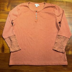 Coldwater Creek Women’s Orange Waffle Knit Long Sleeve Shirt Crochet Trim Sz XL